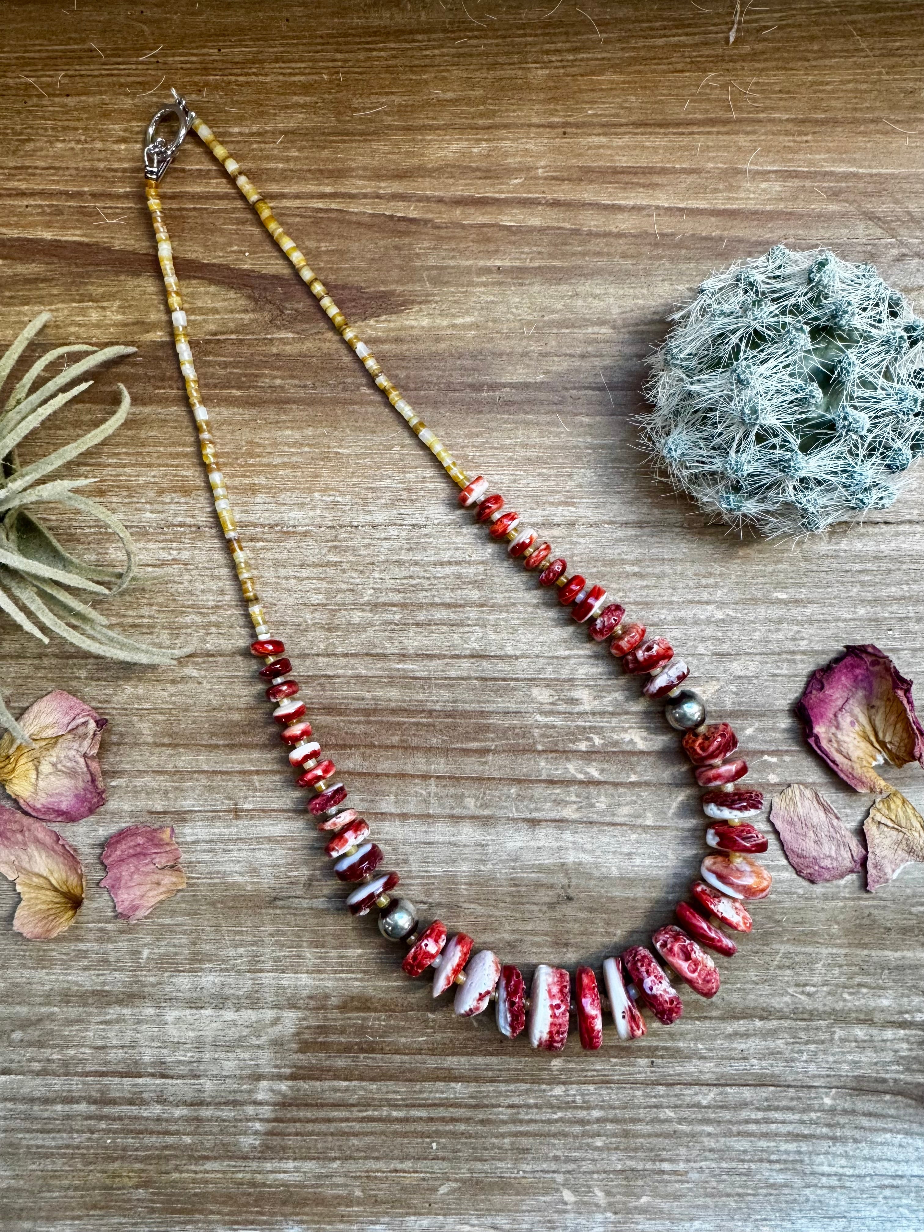 22 Inch red spiny and sterling silver pearls