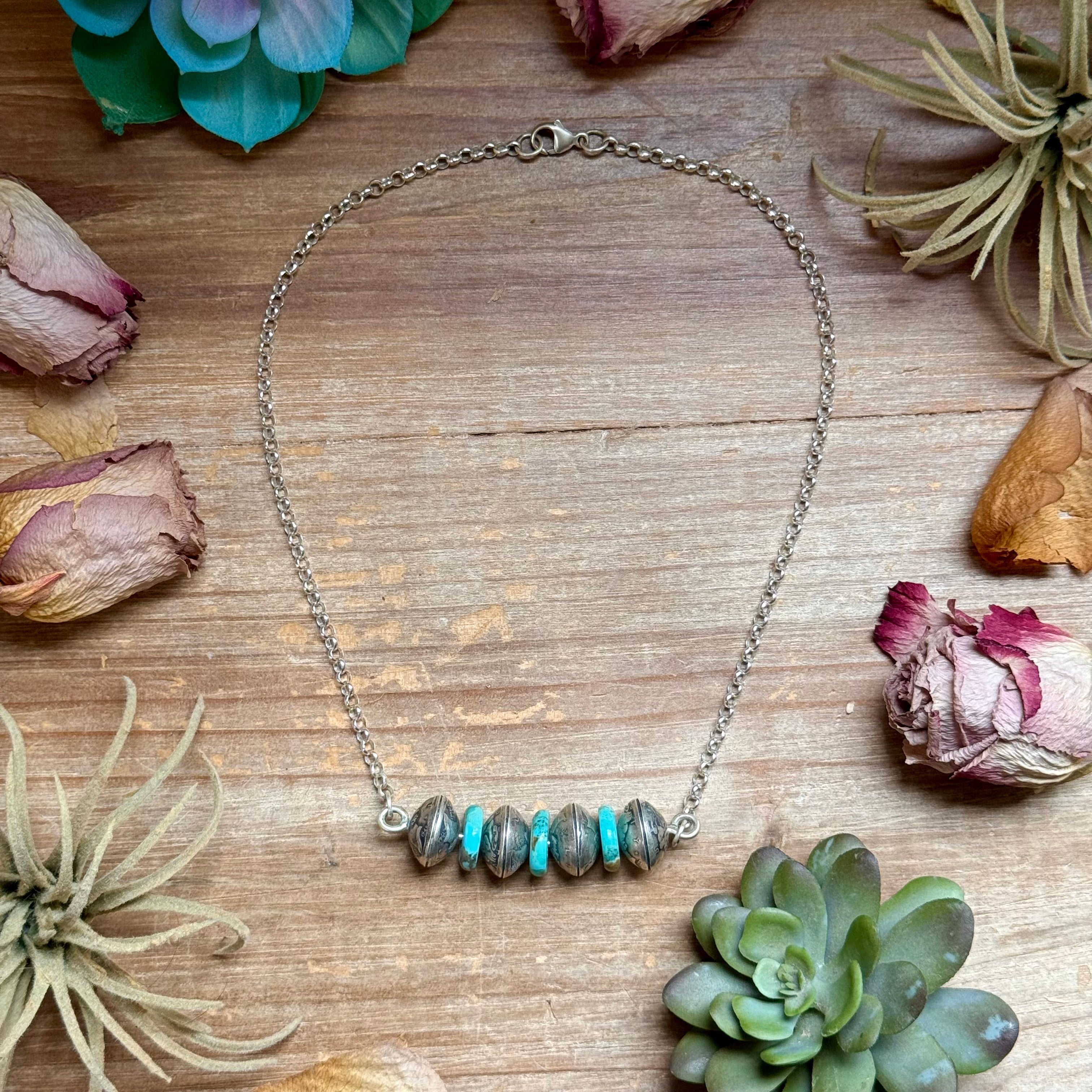 87 - Sterling Silver Kingman Turquoise & Mercury Dime Bar Necklace by Jason Ogg