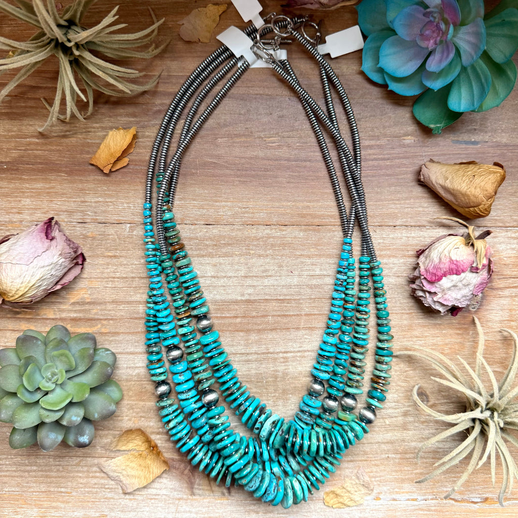 Turquoise Graduated Necklace with Hematite & Sterling Silver Accents – 23”