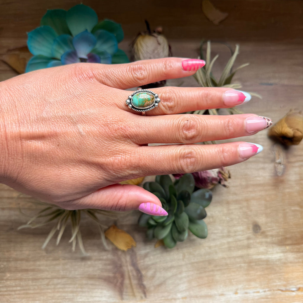 124 - Sterling Silver Royston Turquoise Medicine Man Eye Stamped Stacking Ring by Jason Ogg