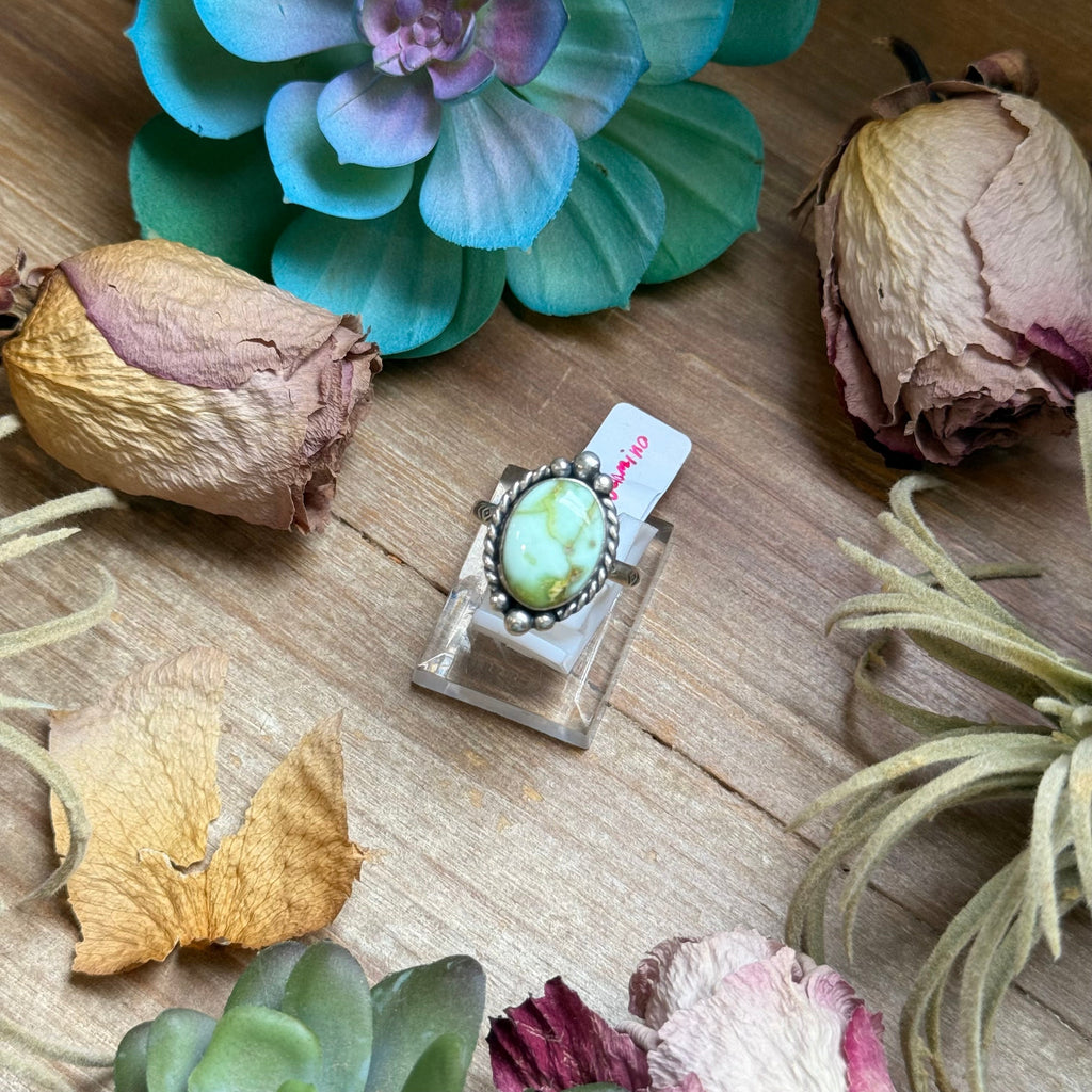 129 - Sterling Silver Palomino Variscite Medicine Man Eye Stamped Stacking Ring by Jason Ogg