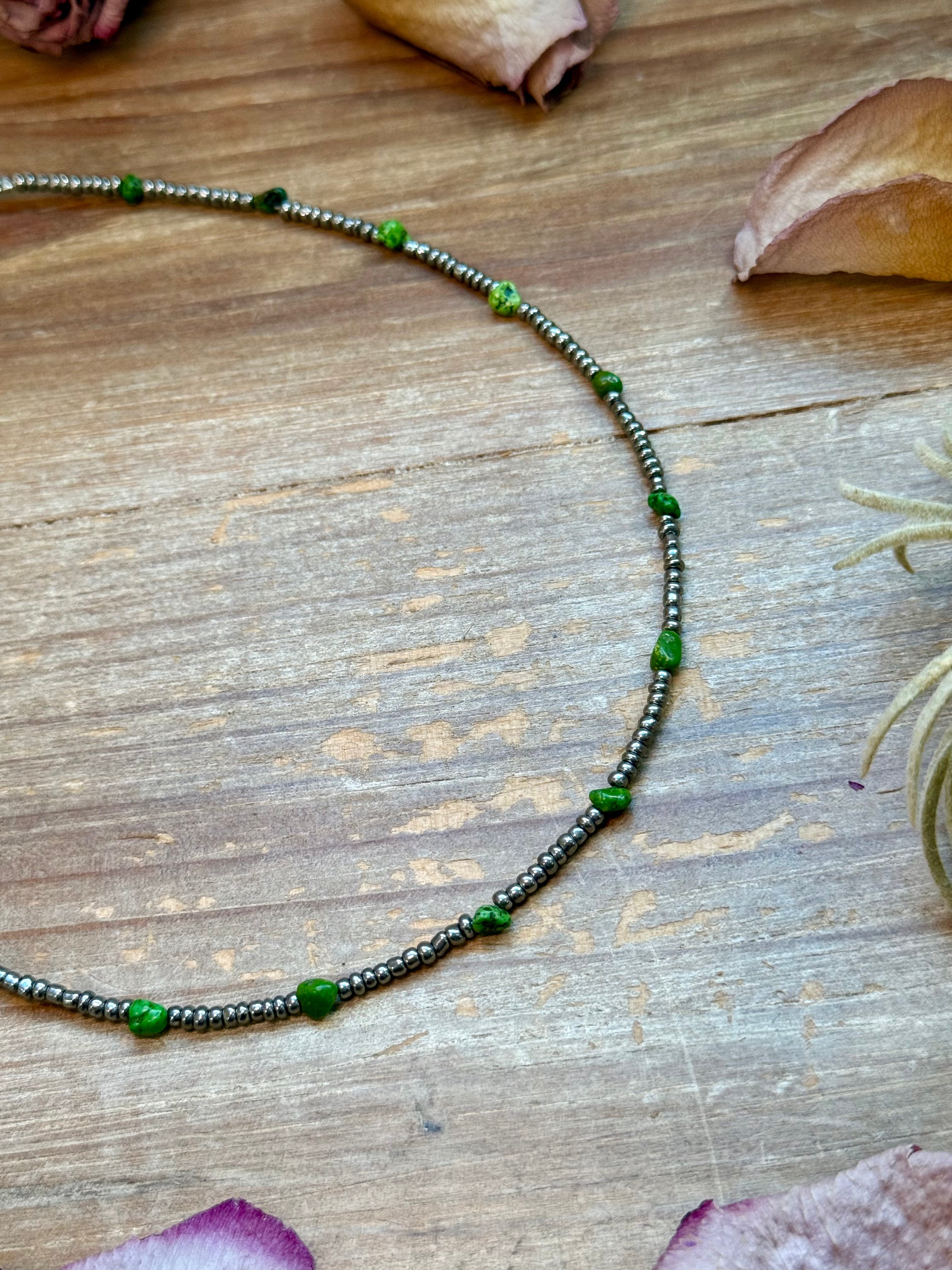 Green Turquoise Glass Seed Bead Necklace – 14 Inch