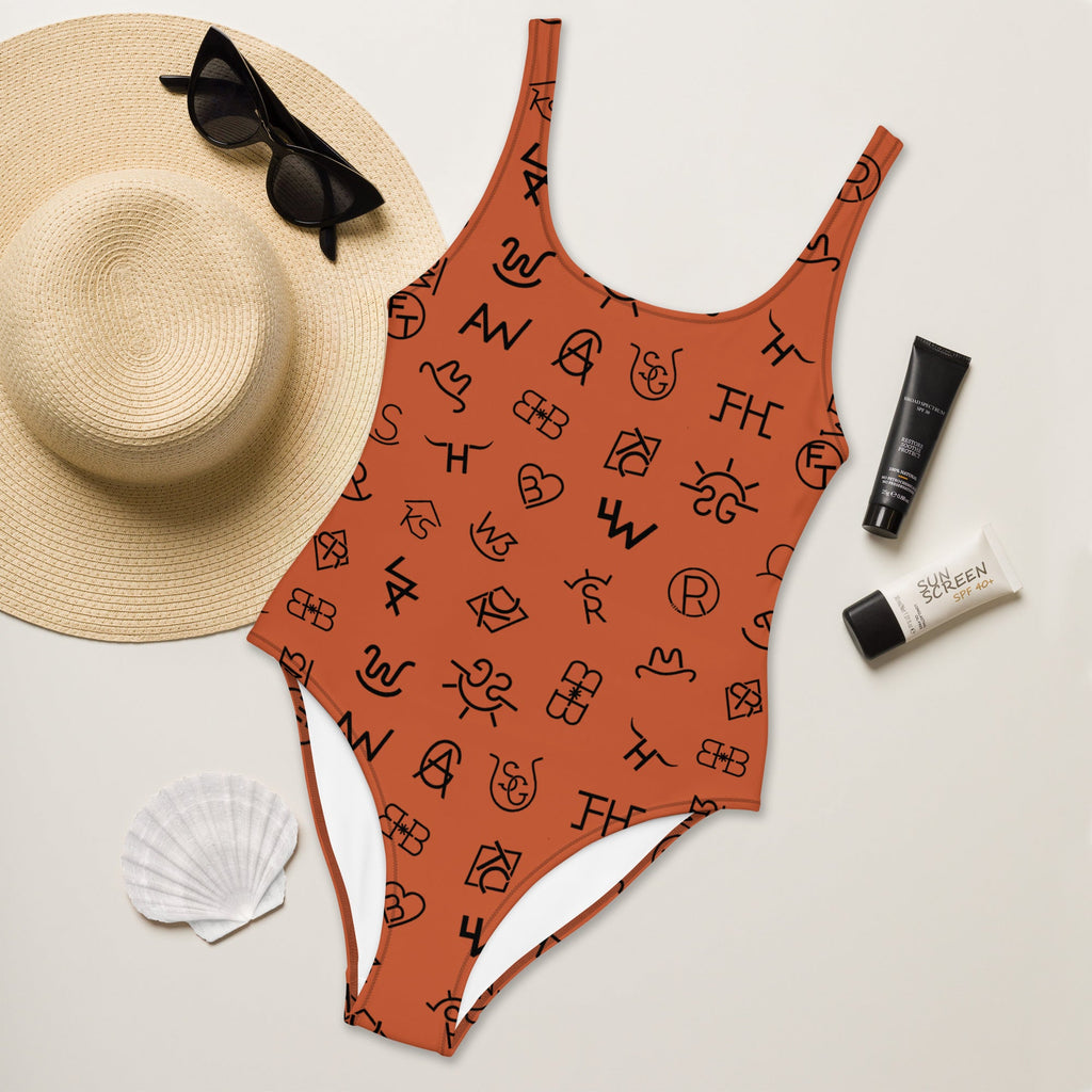 Baha Ranch Yeehaw Brown Cattle Brands One-Piece Swimsuit