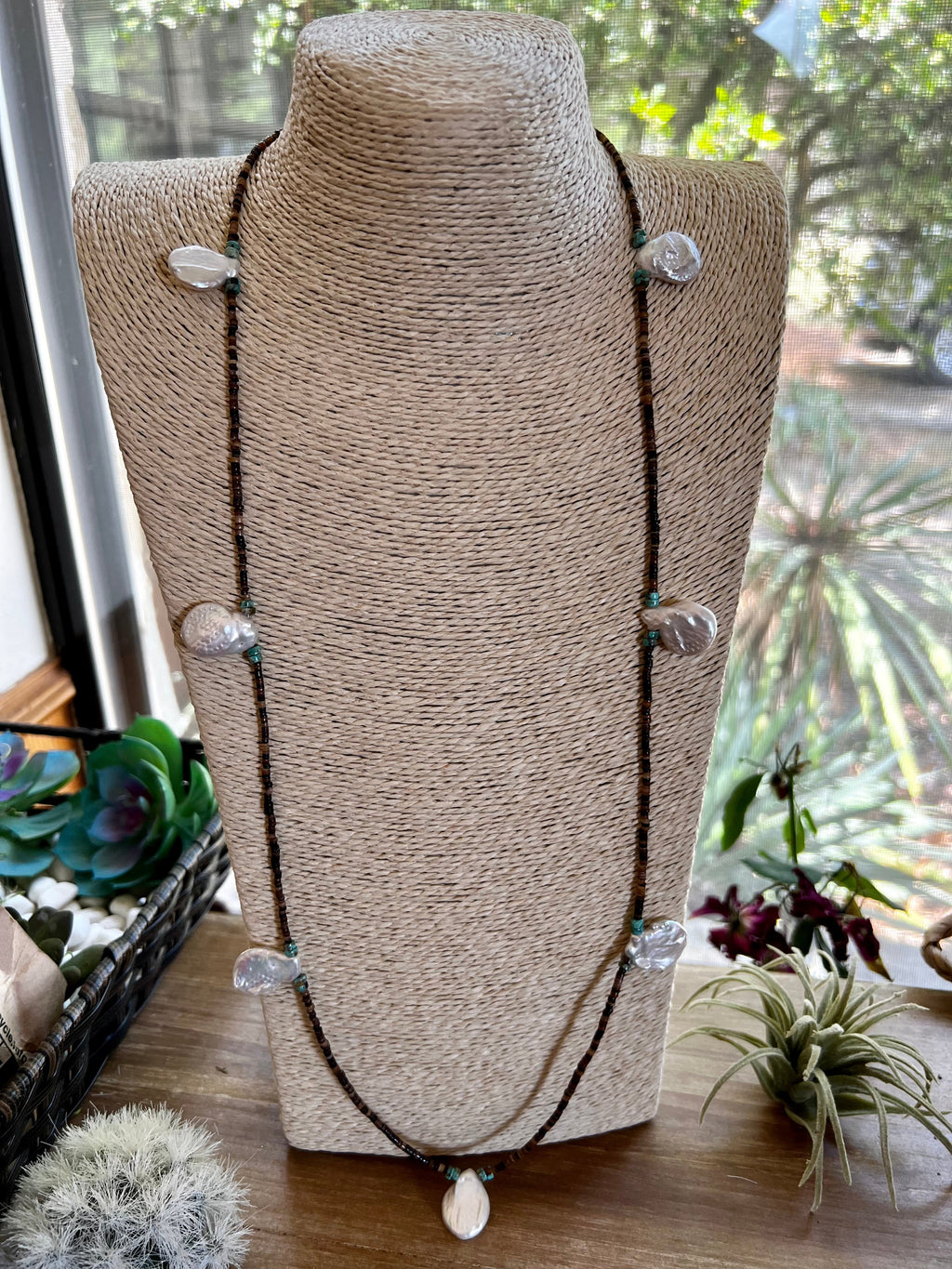 38 inch Freshwater Pearl & Turquoise Heishi Necklace