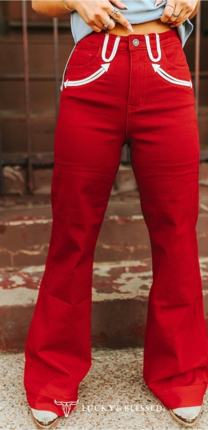 Lucky and Blessed Red Stretch Denim Western Arrow Pocket Detail High Rise Wide Leg Jeans (32in Inseam)