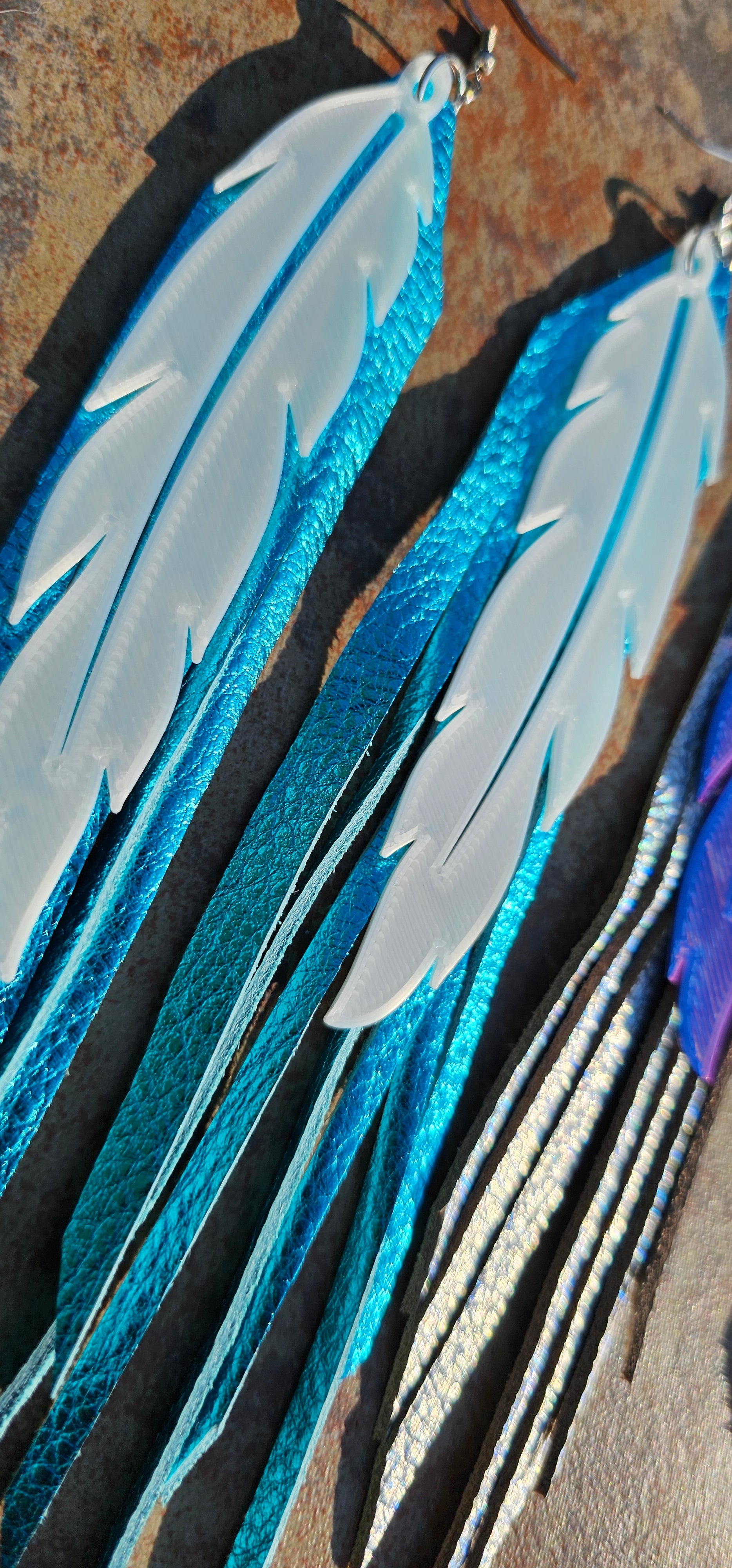 3D Printed Feather Leather Fringe Earrings Made in America