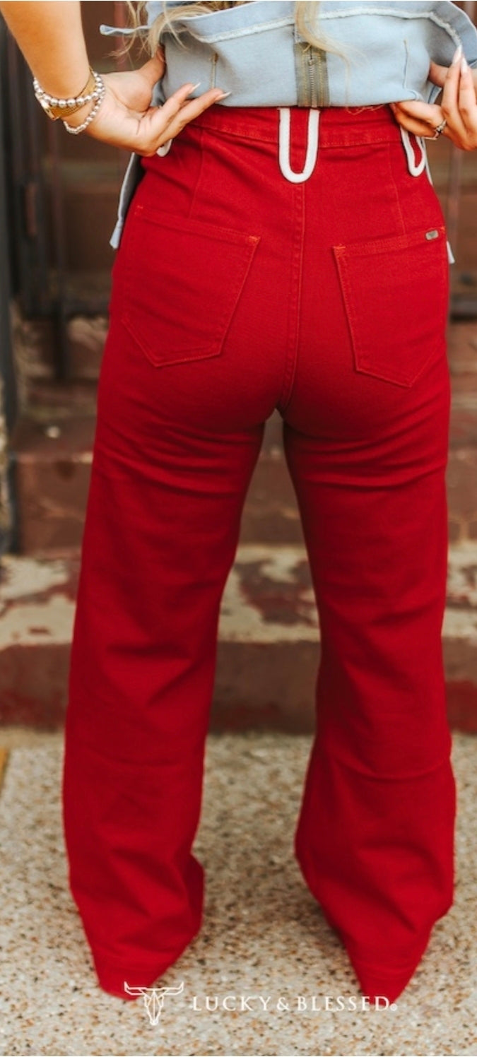 Lucky and Blessed Red Stretch Denim Western Arrow Pocket Detail High Rise Wide Leg Jeans (32in Inseam)
