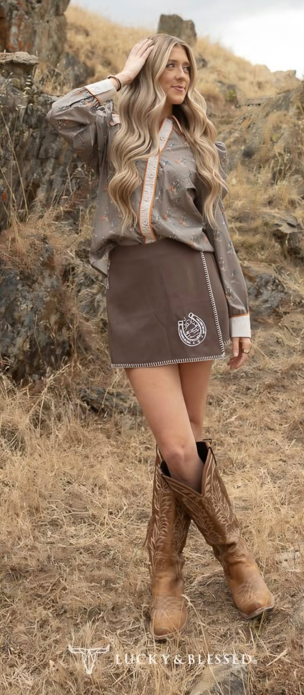 Lucky and Blessed Taupe Beige Cowgirl Printed Puff Sleeve Button Down Shirt