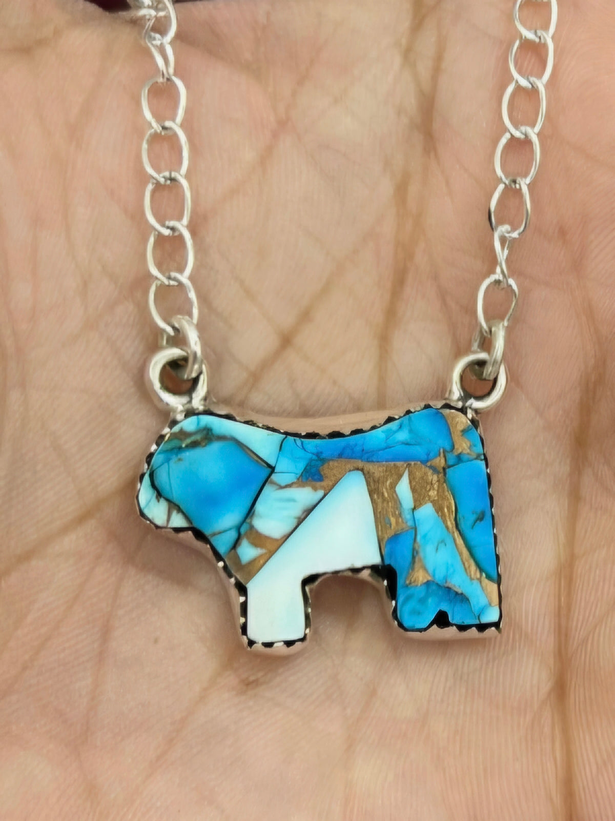 Handmade Sterling Silver Blue Ice Bull Necklace with Signed Nizhoni