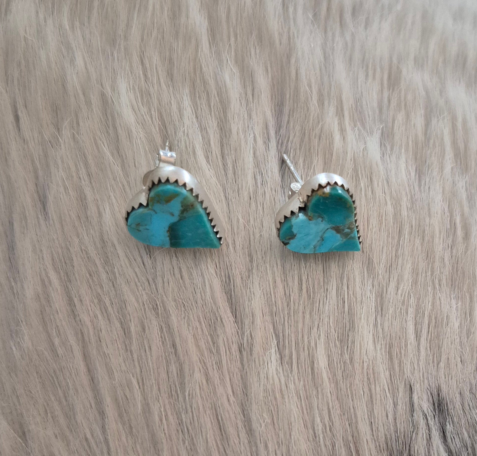 Handmade Sterling Silver Heart Kingman Turquoise Post studs with Signed Nizhoni