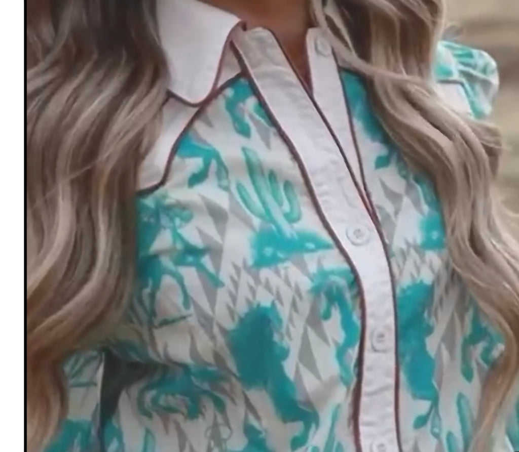 Lucky and Blessed Aztec Puff Sleeve Button Down