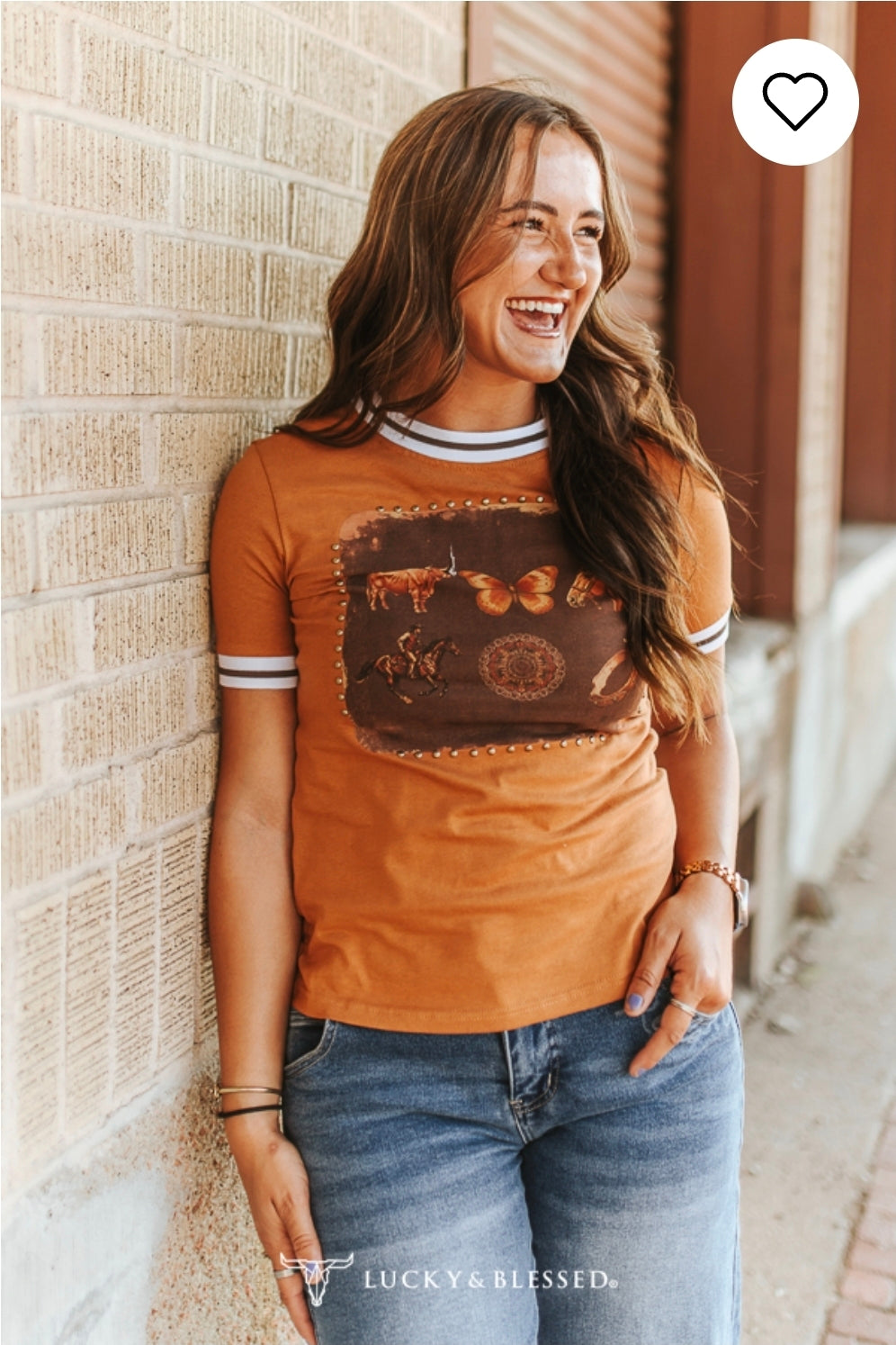 Lucky and Blessed Camel Western Horse Printed Contrast Hem Short Sleeve Top