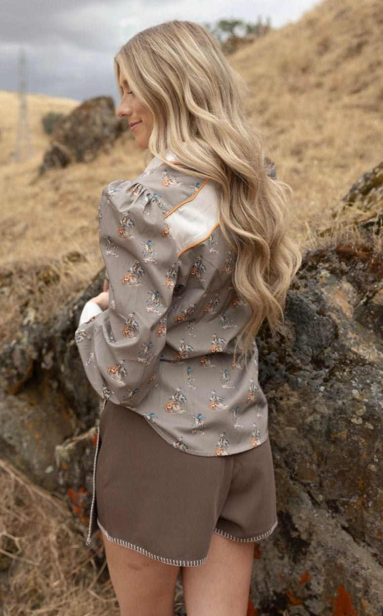 Lucky and Blessed Taupe Beige Cowgirl Printed Puff Sleeve Button Down Shirt