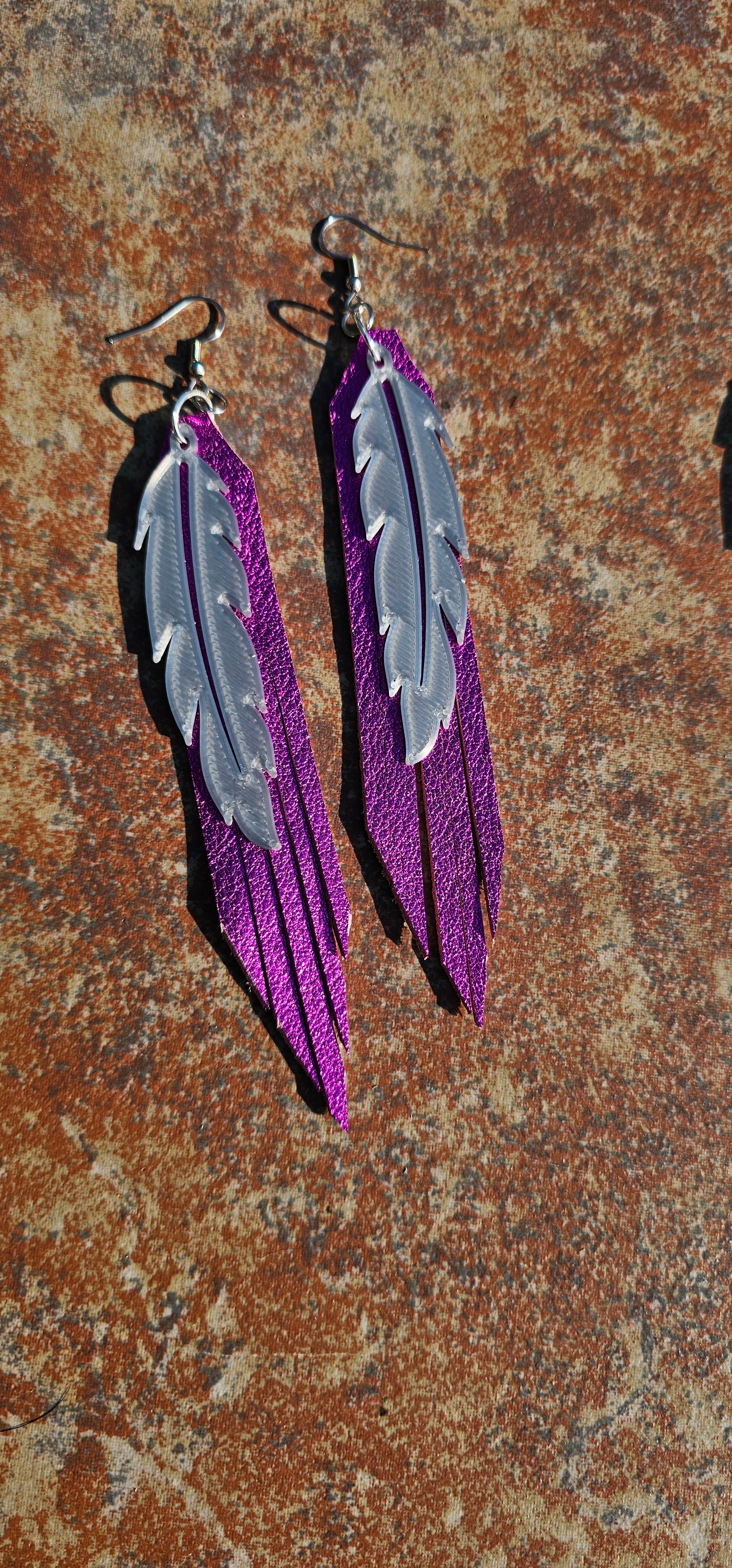 3D Printed Feather Leather Fringe Earrings Made in America