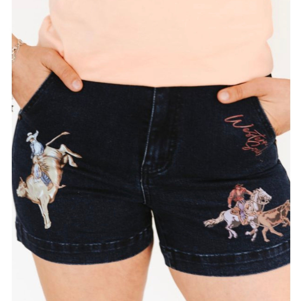 Lucky and Blessed Dark Wash Rodeo Print High Rise Trouser Shorts