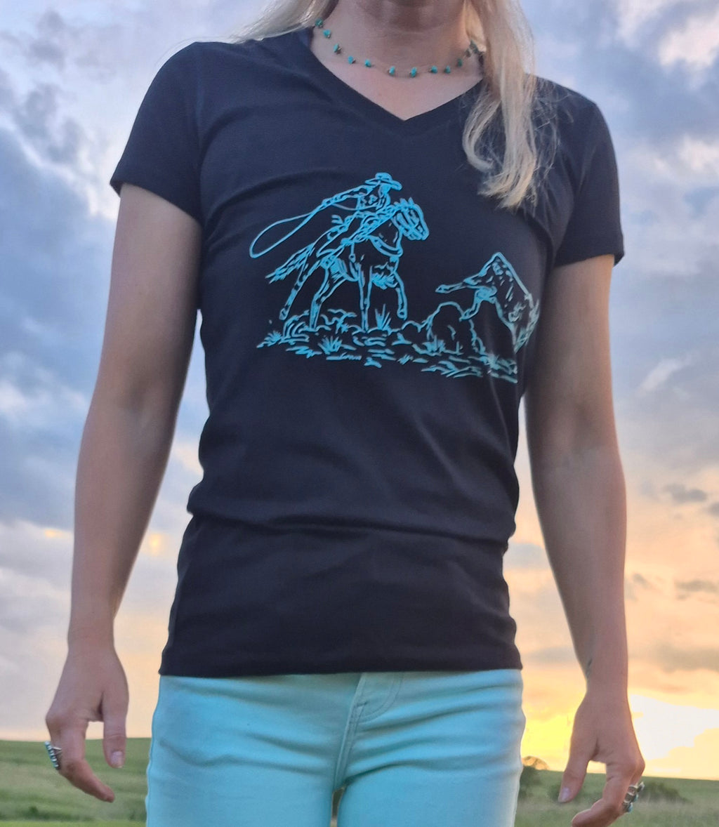 Black and Turquoise Roping Fitted V neck Tee