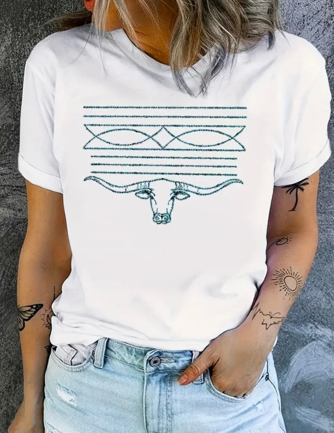 Turquoise and White Longhorn Tee