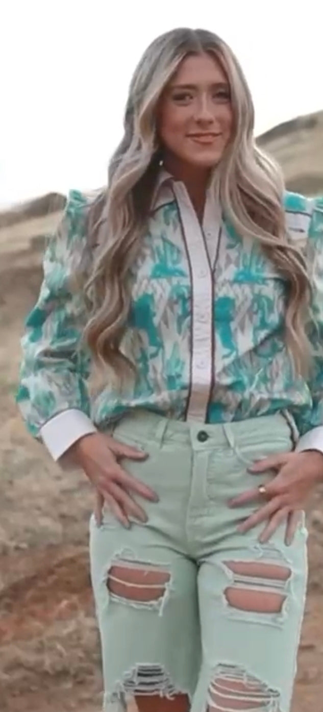 Lucky and Blessed Aztec Puff Sleeve Button Down