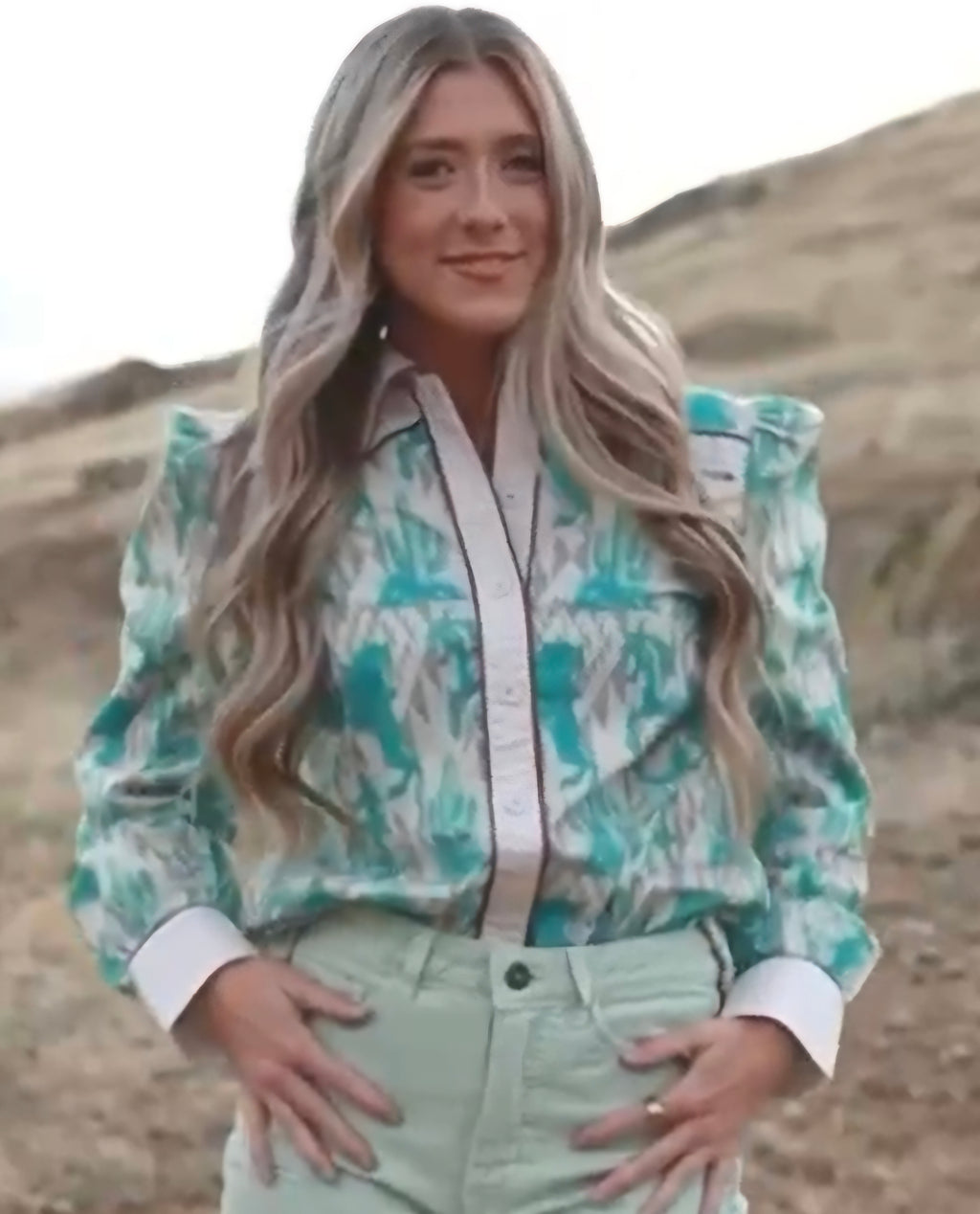 Lucky and Blessed Aztec Puff Sleeve Button Down