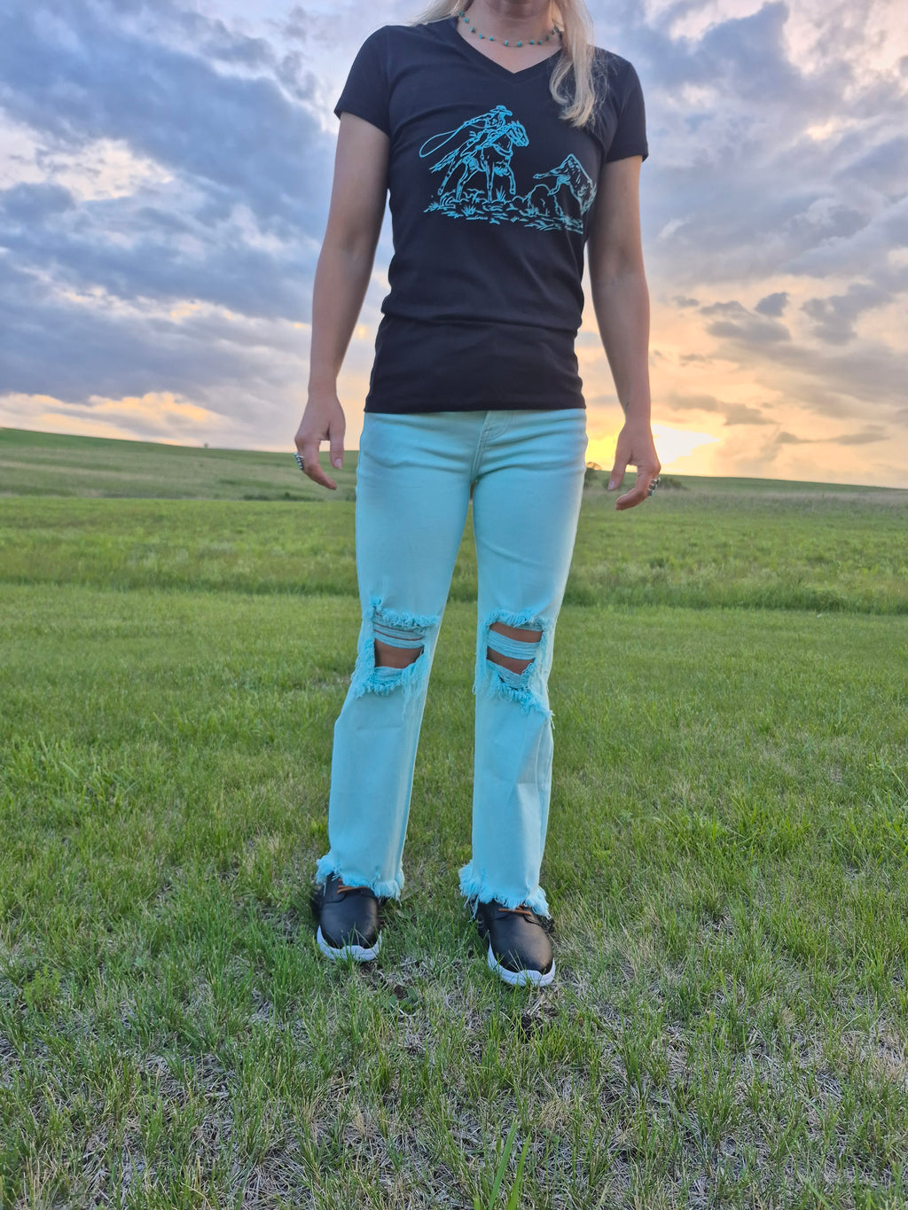 Black and Turquoise Roping Fitted V neck Tee