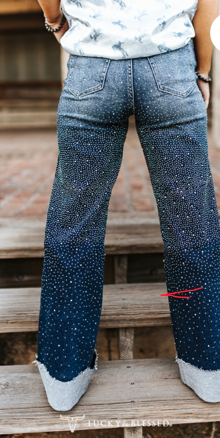 Lucky and Blessed Dark Rhinestone Denim