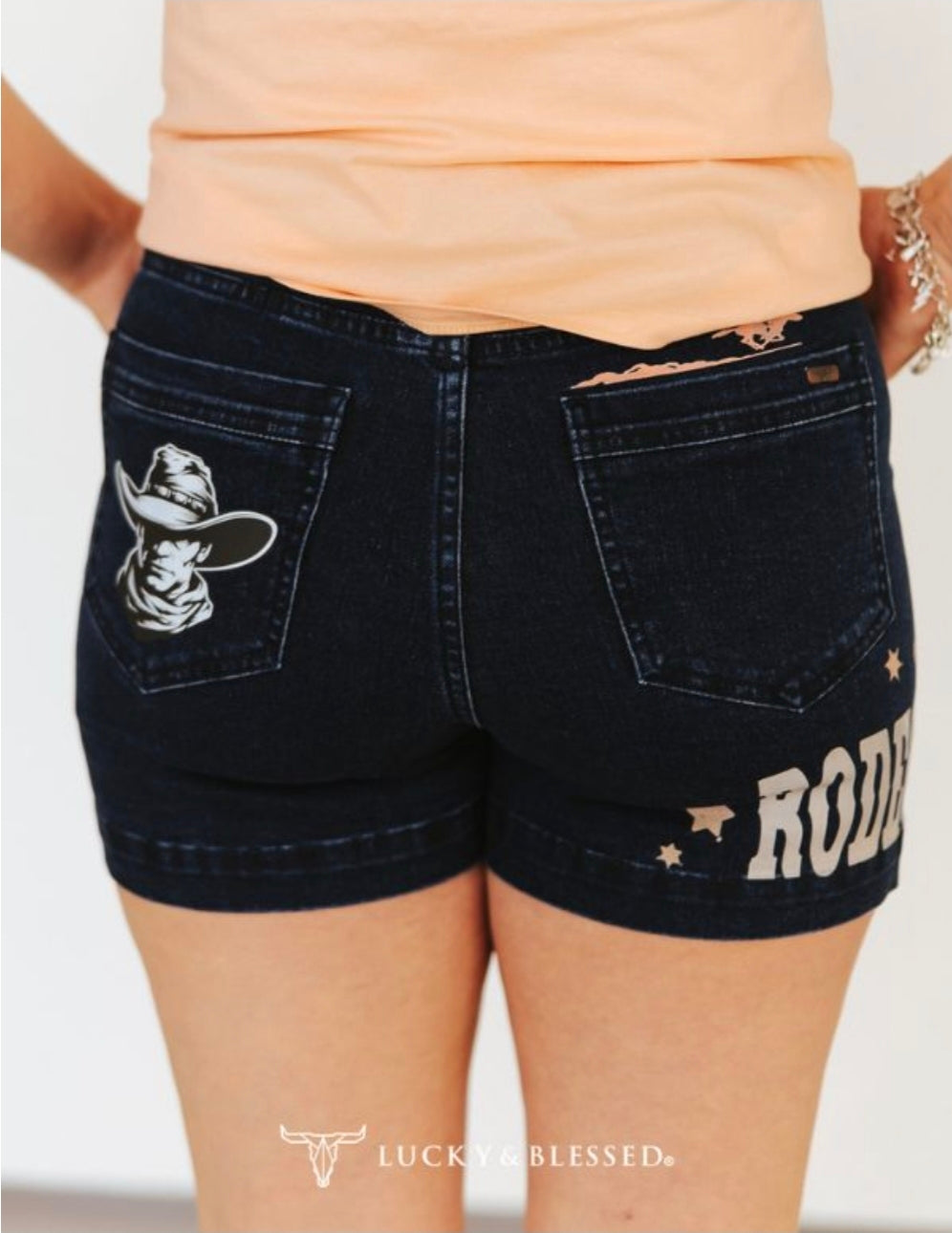 Lucky and Blessed Dark Wash Rodeo Print High Rise Trouser Shorts