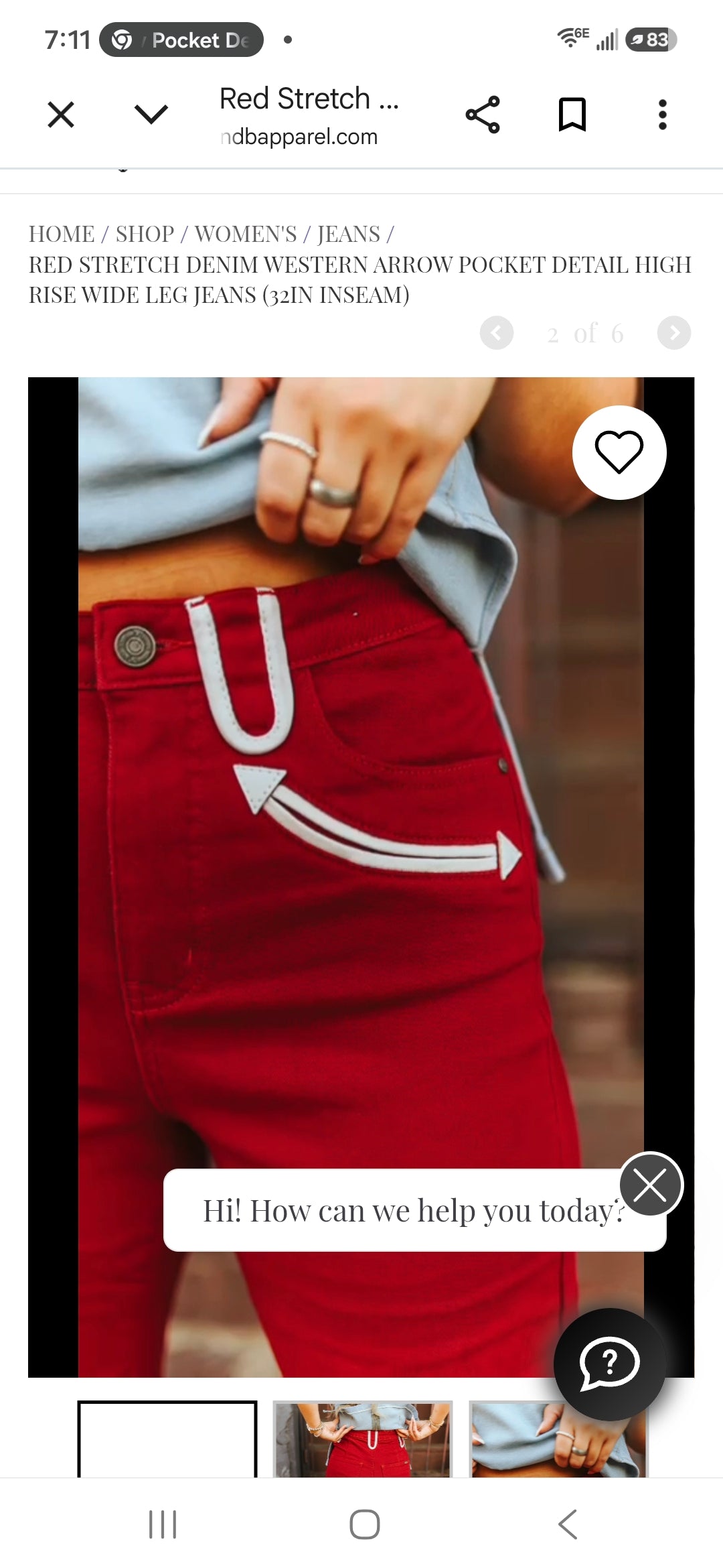 Lucky and Blessed Red Stretch Denim Western Arrow Pocket Detail High Rise Wide Leg Jeans (32in Inseam)